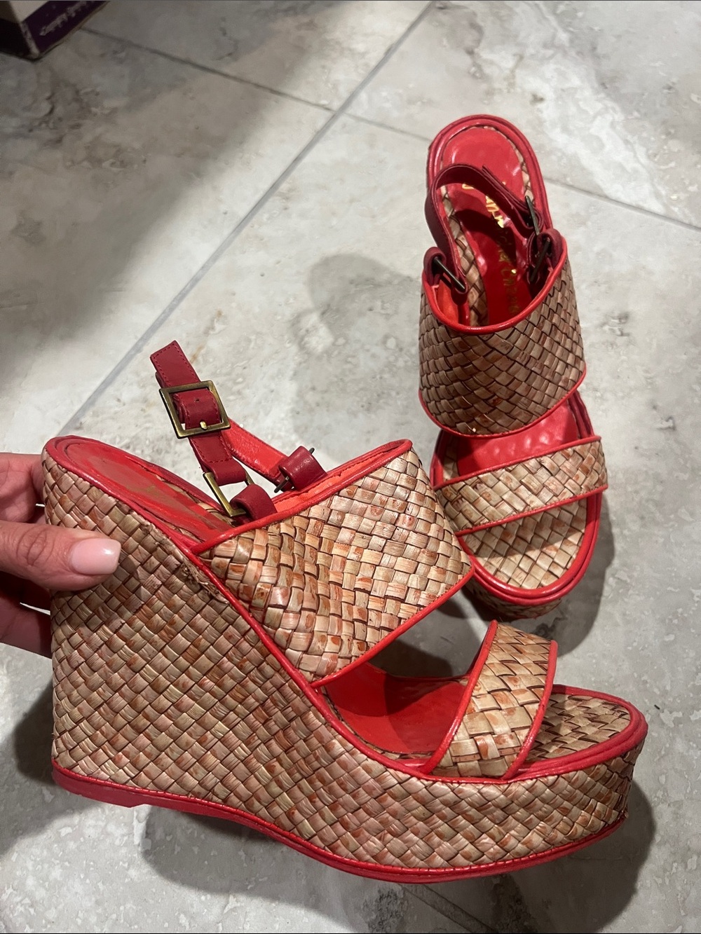 Woven Natural and Red Platform Wedge Sandals